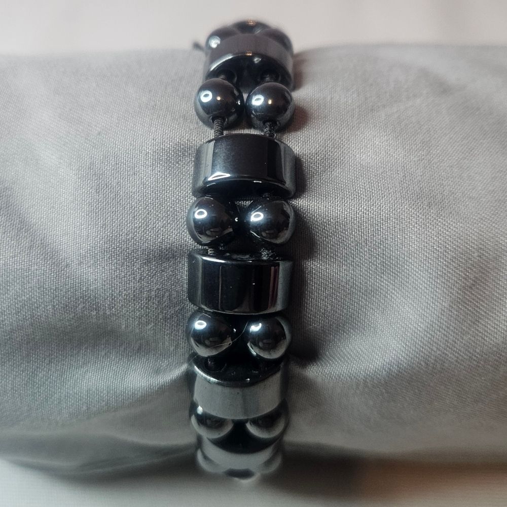 Vintage Hematite Double Row Stretch Bracelet Round Half Circle Barrel Beads EUC
